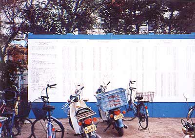 1995年2月 避難所となった学校の校庭。仮設住宅の申込抽選結果が掲示された。