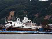 対岸の湊町側に乗り上げた漁船 (宮城県石巻市・門脇町3丁目 2011年7月21日)